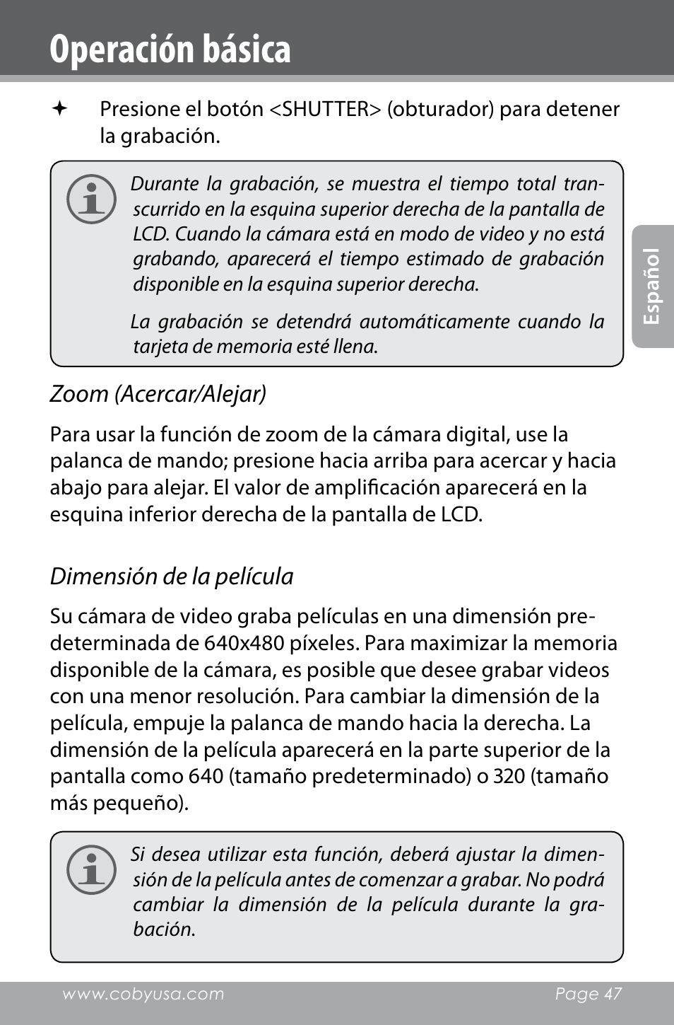Operación básica | COBY electronic SNAPP CAM4000 User Manual | Page 47 / 120