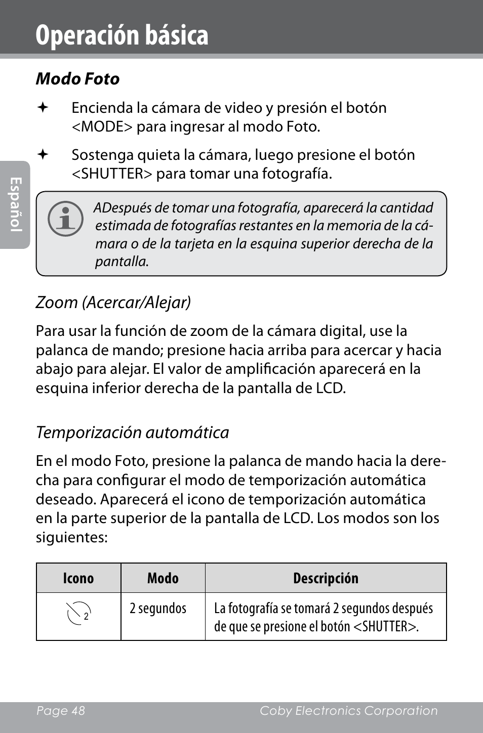 Operación básica | COBY electronic SNAPP CAM4000 User Manual | Page 48 / 120