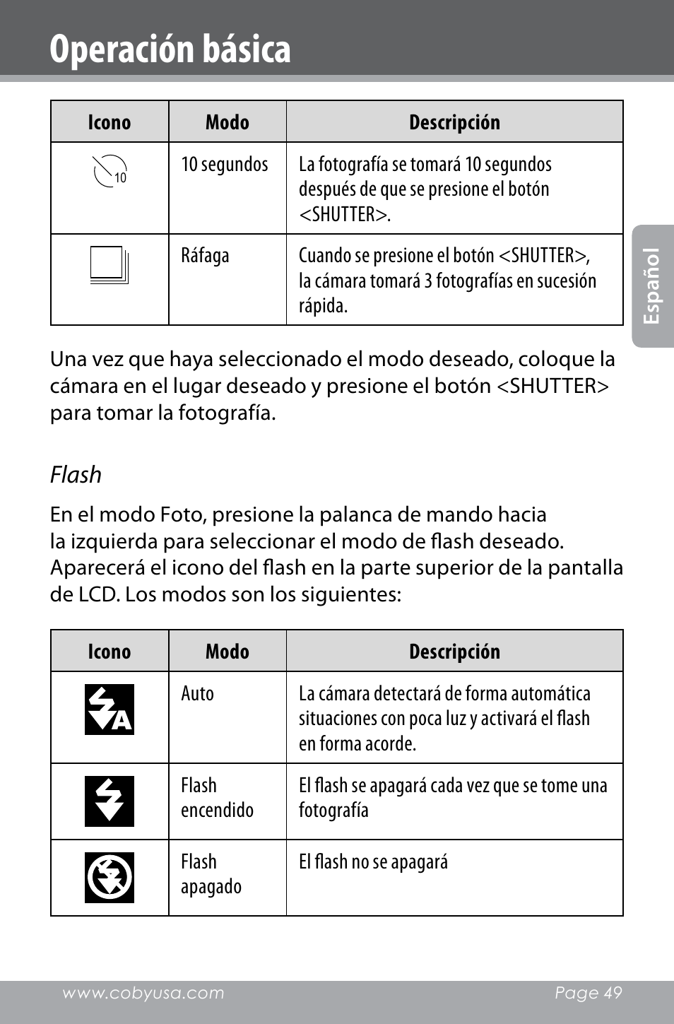 Operación básica | COBY electronic SNAPP CAM4000 User Manual | Page 49 / 120