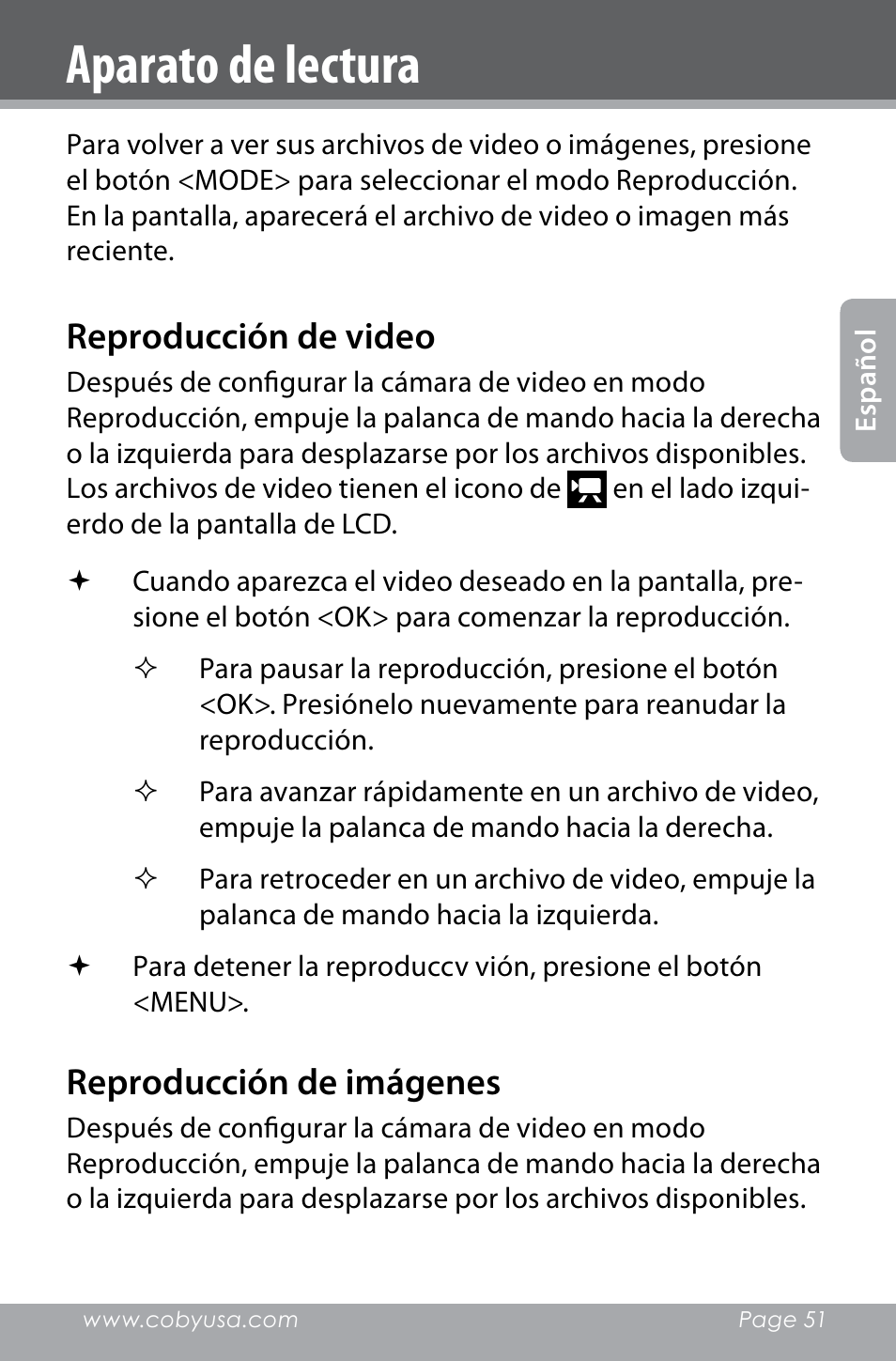 Aparato de lectura, Reproducción de video, Reproducción de imágenes | COBY electronic SNAPP CAM4000 User Manual | Page 51 / 120