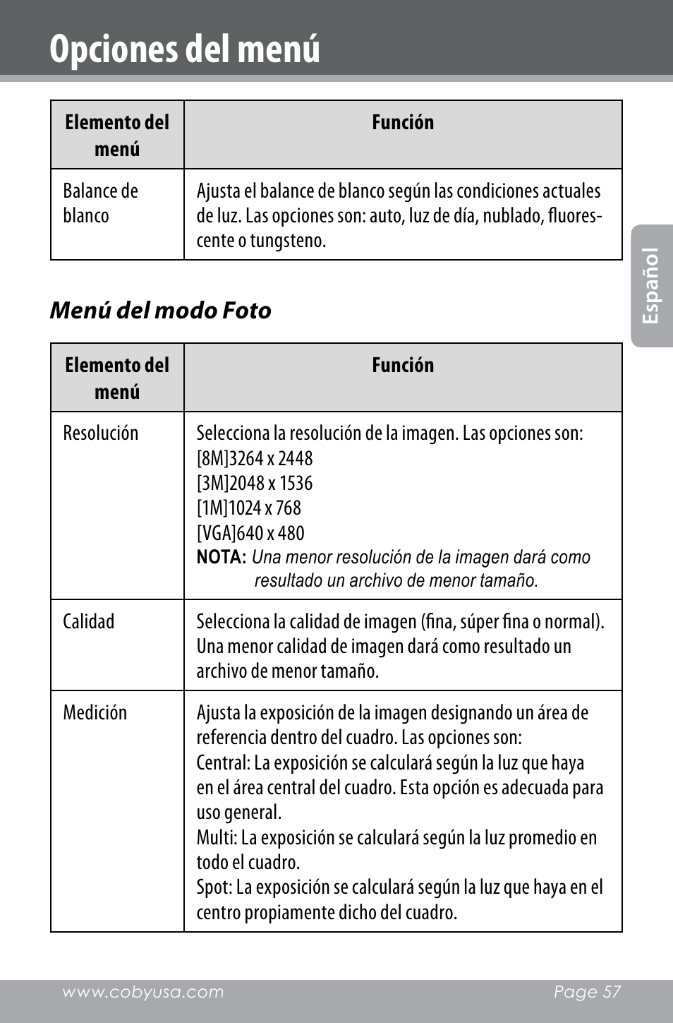 Opciones del menú | COBY electronic SNAPP CAM4000 User Manual | Page 57 / 120