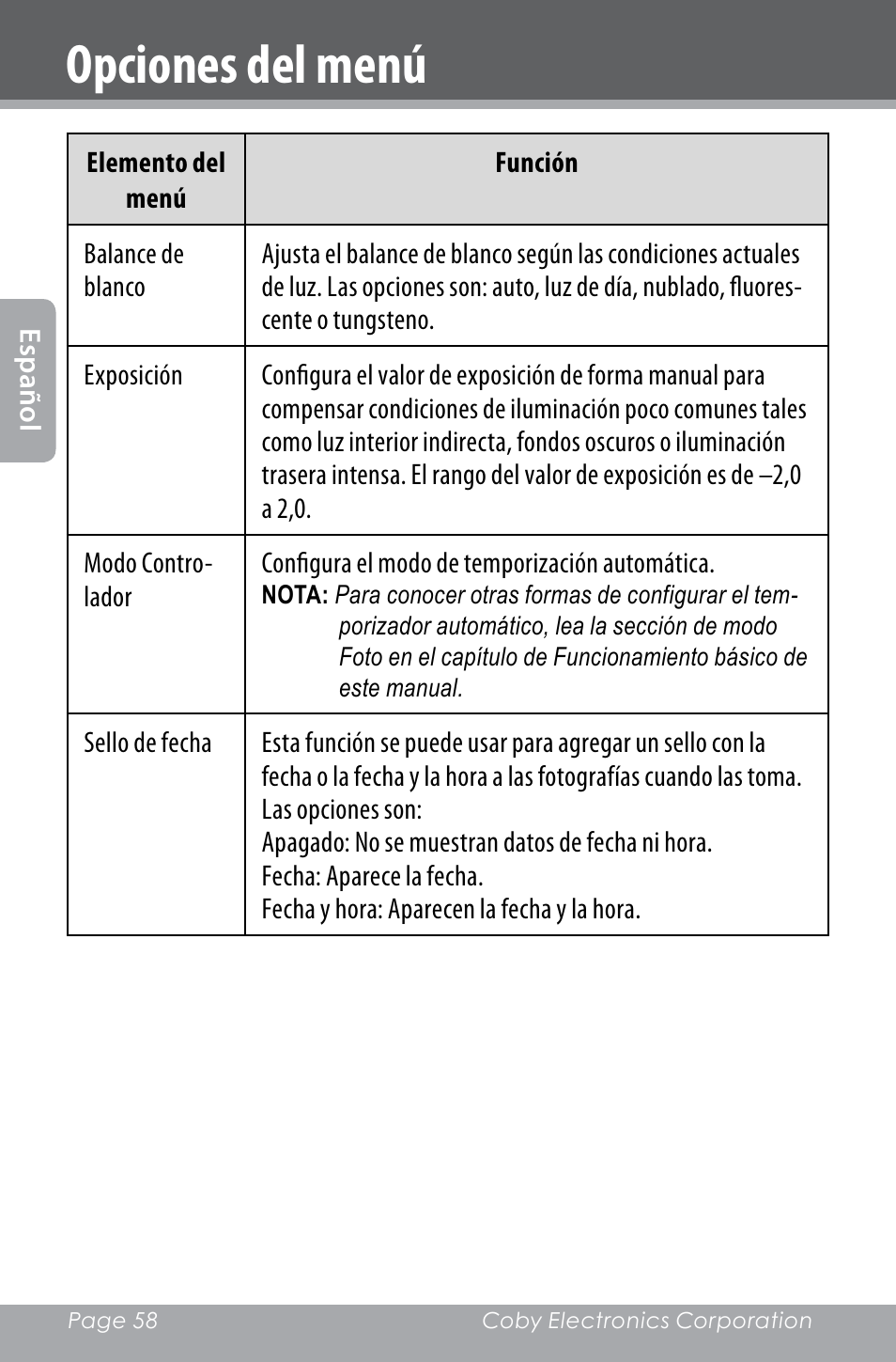 Opciones del menú | COBY electronic SNAPP CAM4000 User Manual | Page 58 / 120