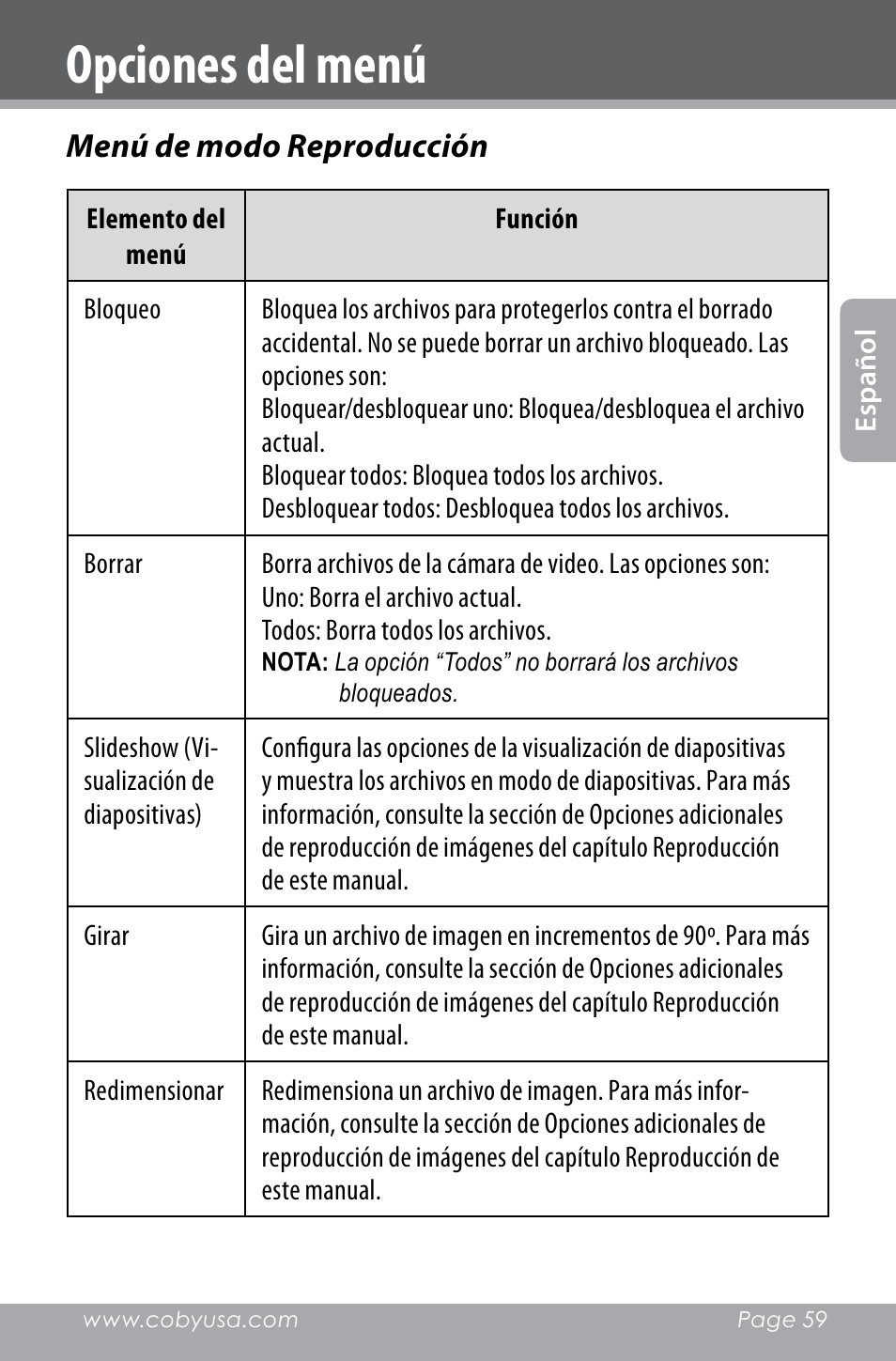 Opciones del menú | COBY electronic SNAPP CAM4000 User Manual | Page 59 / 120