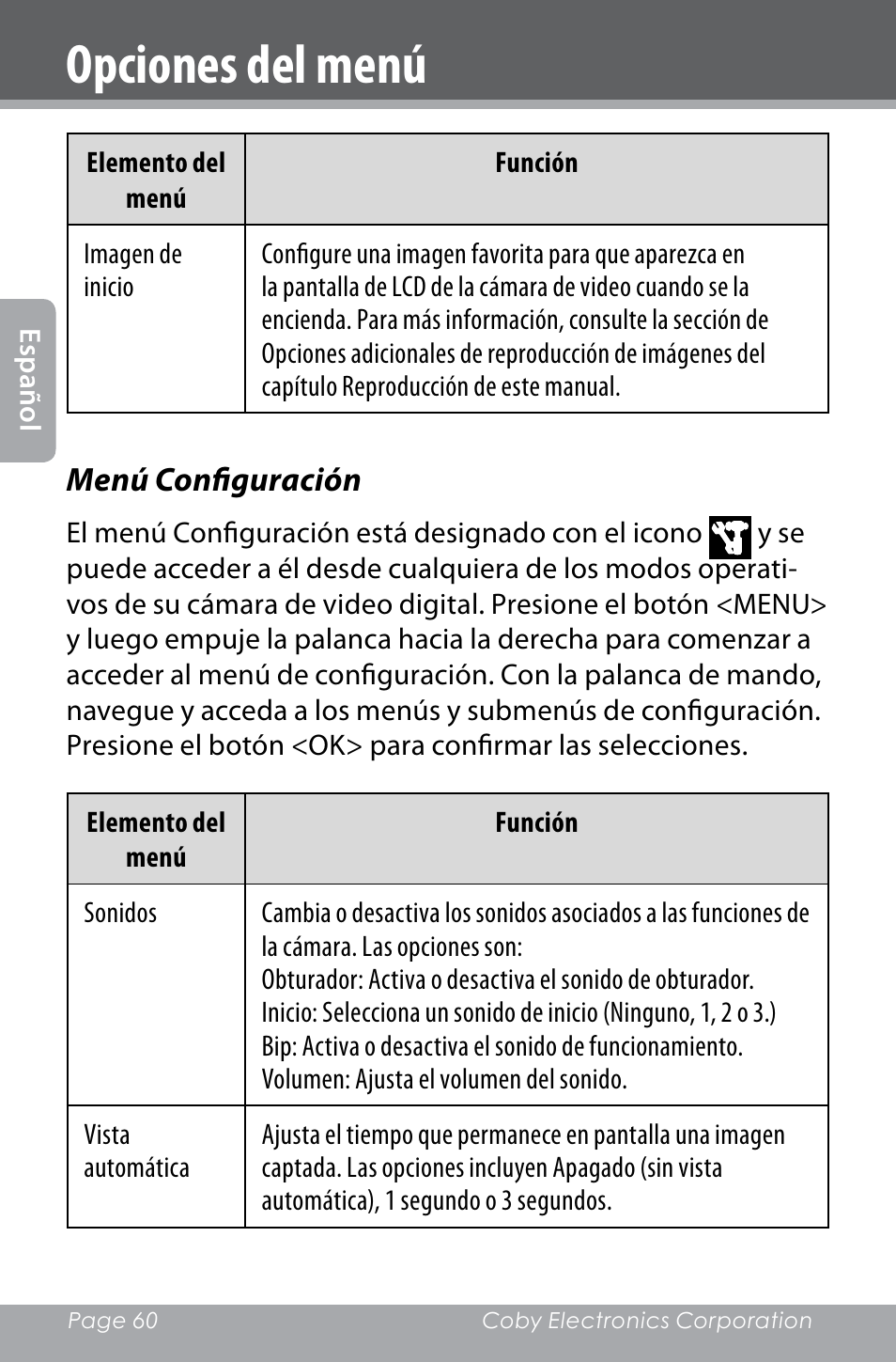 Opciones del menú | COBY electronic SNAPP CAM4000 User Manual | Page 60 / 120