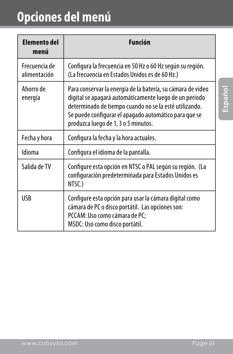 Opciones del menú | COBY electronic SNAPP CAM4000 User Manual | Page 61 / 120