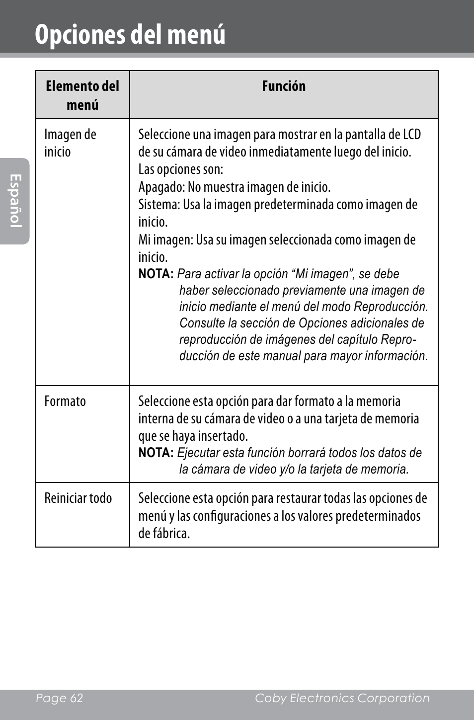 Opciones del menú | COBY electronic SNAPP CAM4000 User Manual | Page 62 / 120