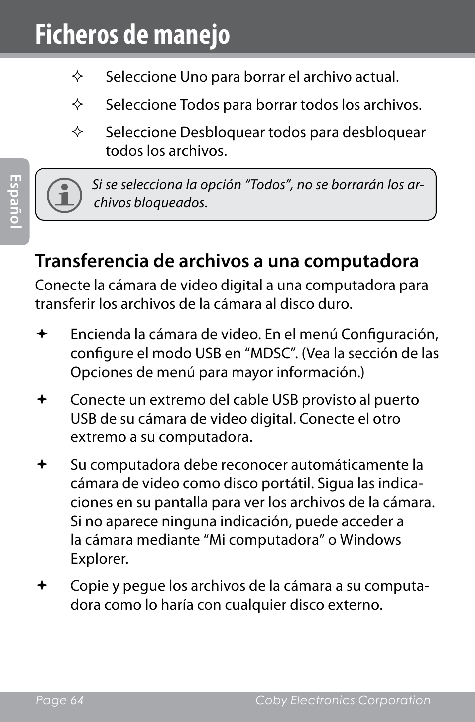 Ficheros de manejo, Transferencia de archivos a una computadora | COBY electronic SNAPP CAM4000 User Manual | Page 64 / 120