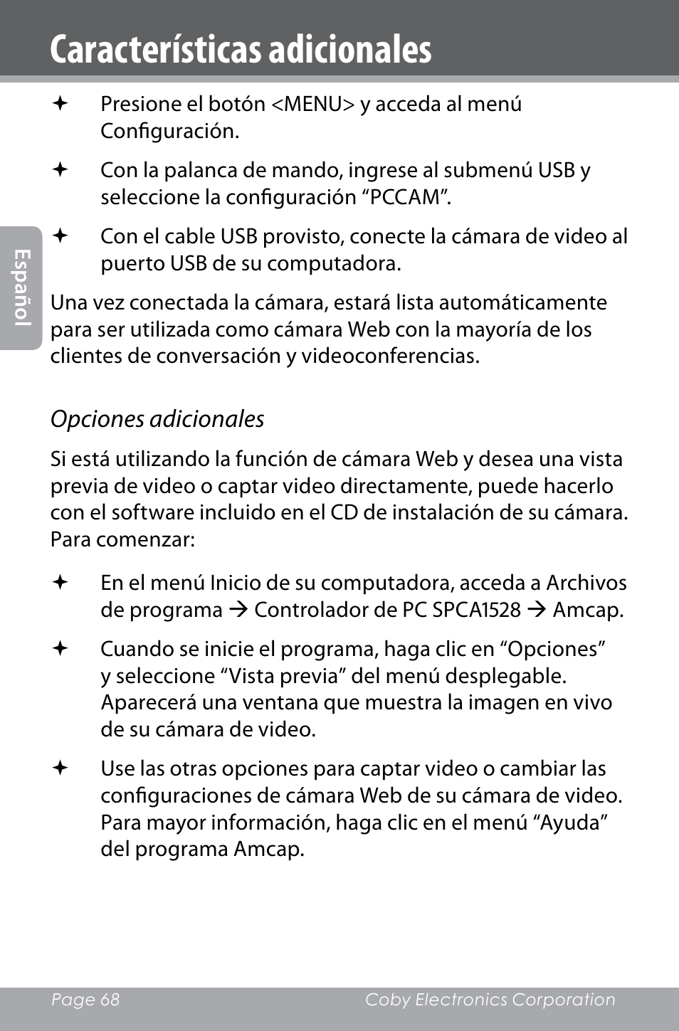 Características adicionales | COBY electronic SNAPP CAM4000 User Manual | Page 68 / 120