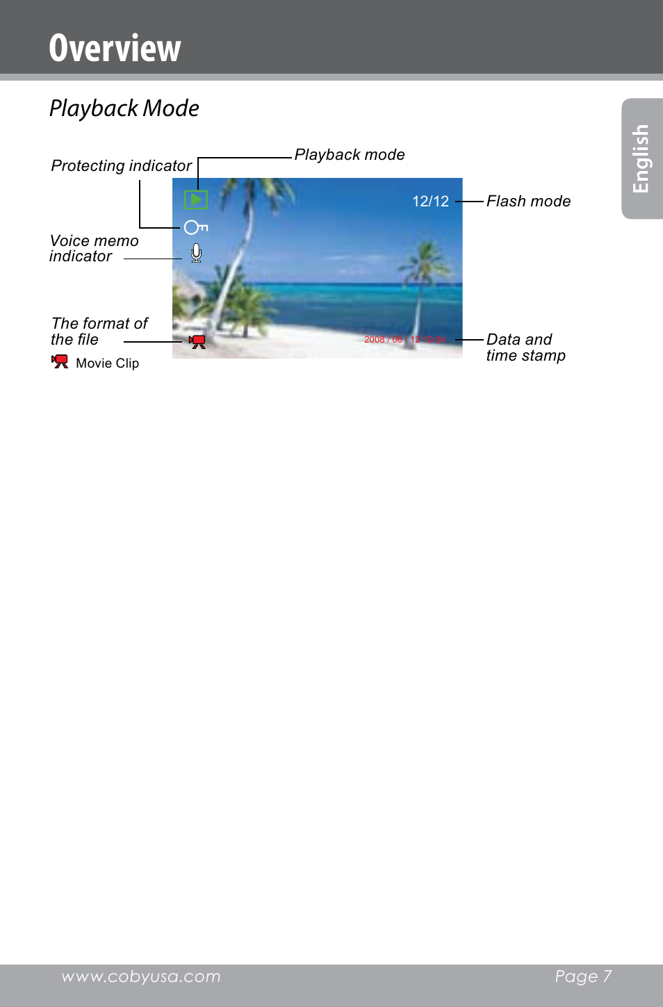 Overview, Playback mode, En gl is h | COBY electronic SNAPP CAM4000 User Manual | Page 7 / 120