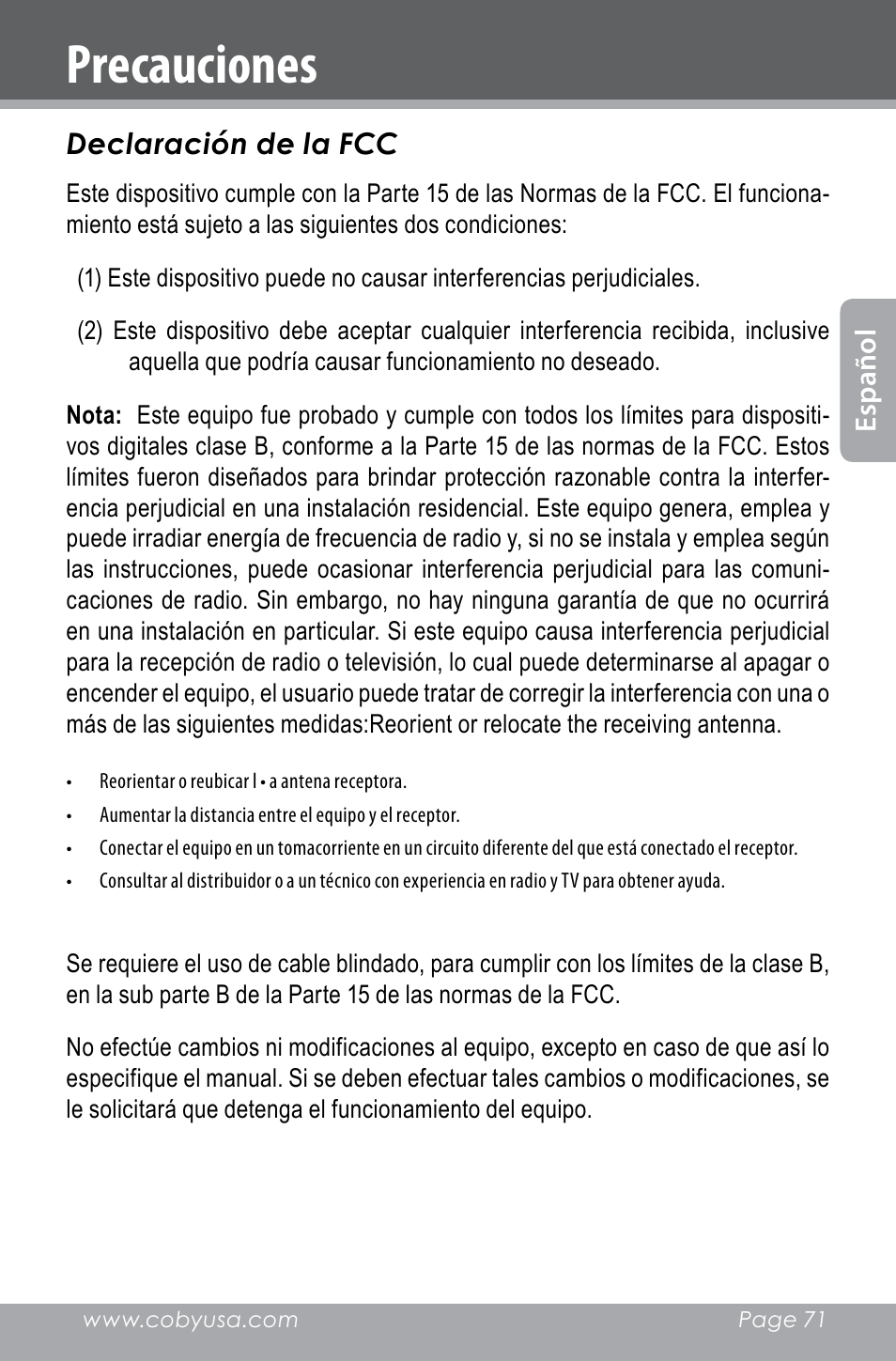 Precauciones | COBY electronic SNAPP CAM4000 User Manual | Page 71 / 120