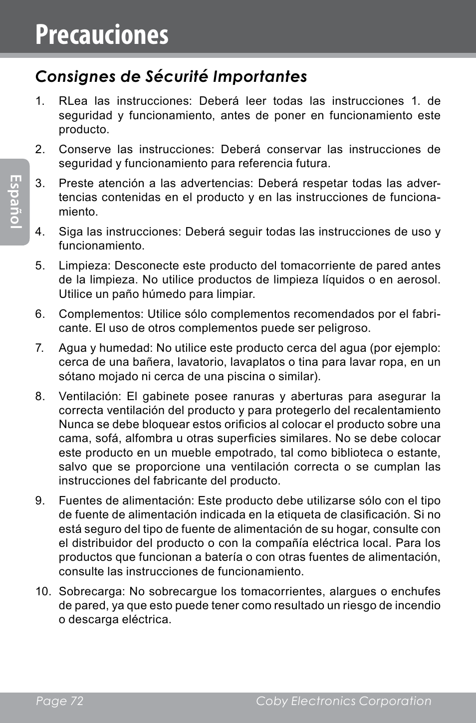 Precauciones, Es pa ño l consignes de sécurité importantes | COBY electronic SNAPP CAM4000 User Manual | Page 72 / 120