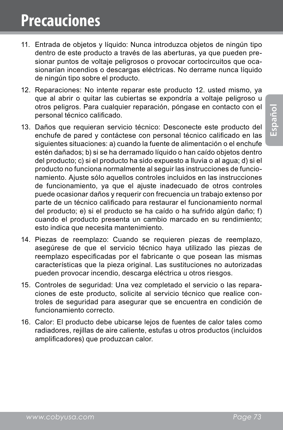 Precauciones, Es pa ño l | COBY electronic SNAPP CAM4000 User Manual | Page 73 / 120