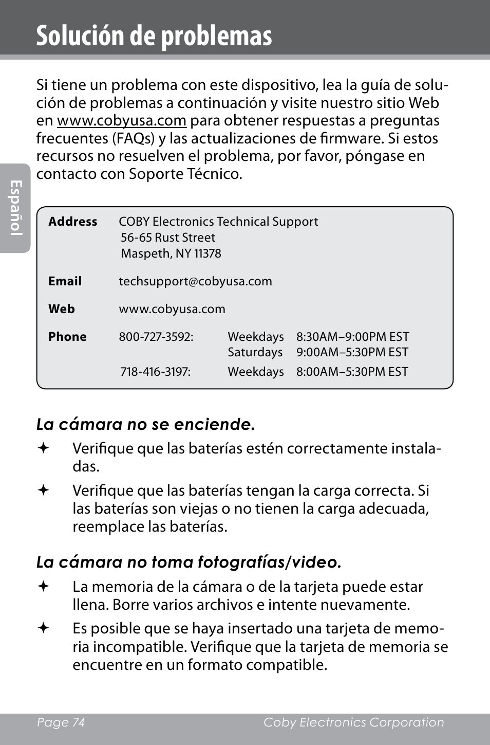 Solución de problemas | COBY electronic SNAPP CAM4000 User Manual | Page 74 / 120