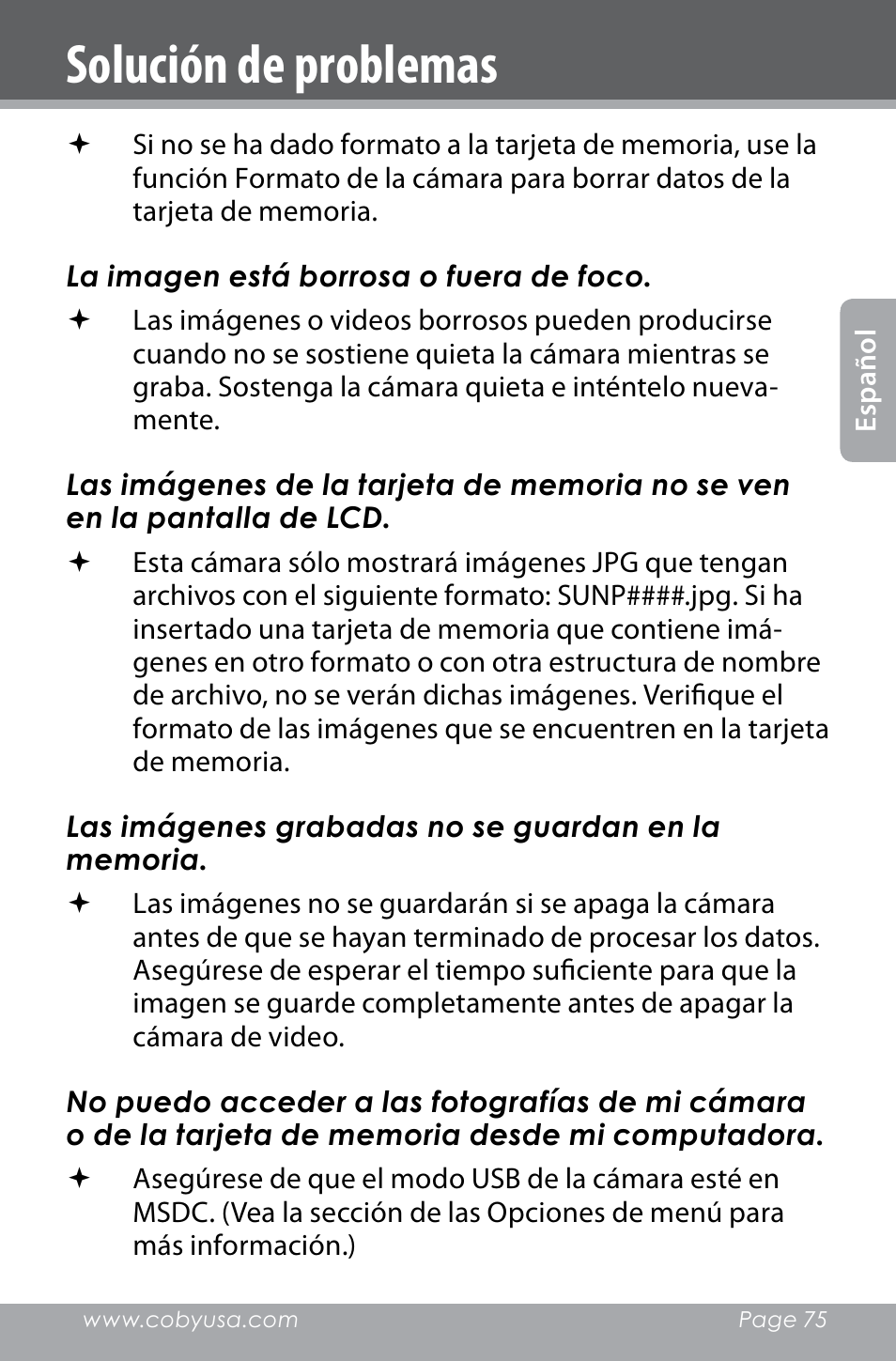 Solución de problemas | COBY electronic SNAPP CAM4000 User Manual | Page 75 / 120