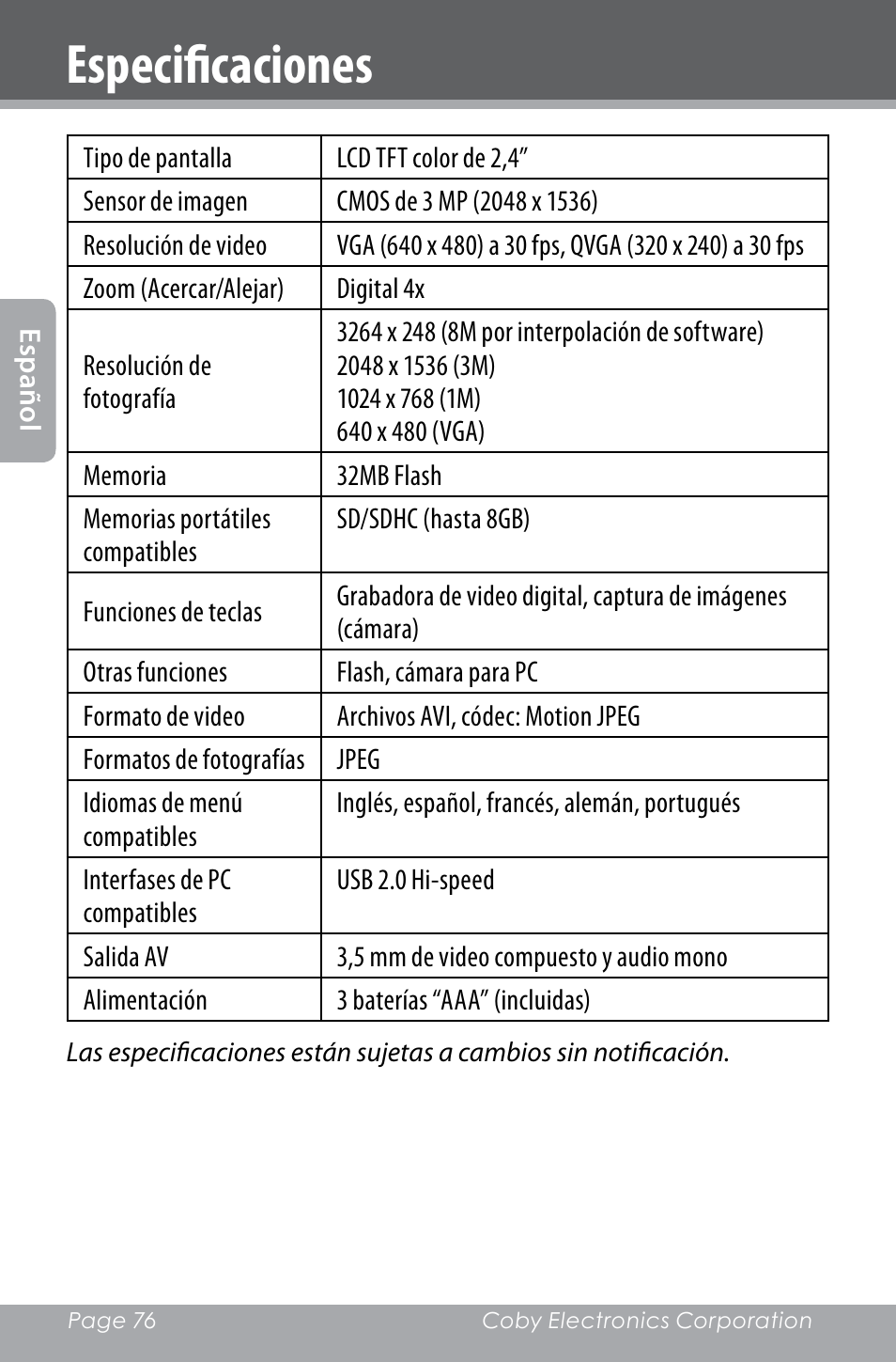 Especificaciones | COBY electronic SNAPP CAM4000 User Manual | Page 76 / 120