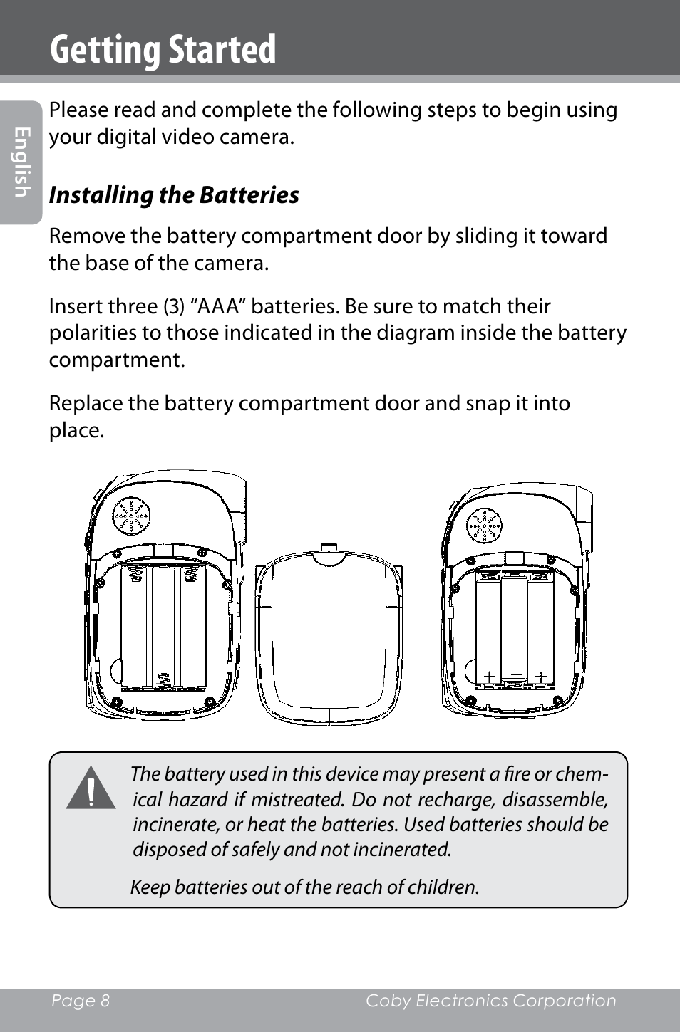Getting started | COBY electronic SNAPP CAM4000 User Manual | Page 8 / 120