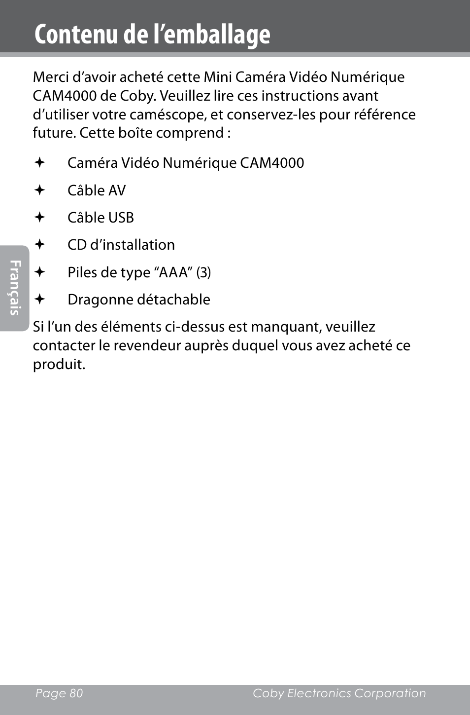 Contenu de l’emballage | COBY electronic SNAPP CAM4000 User Manual | Page 80 / 120