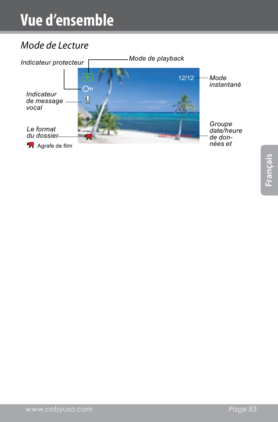 Vue d’ensemble, Mode de lecture, Fran ça is | COBY electronic SNAPP CAM4000 User Manual | Page 83 / 120