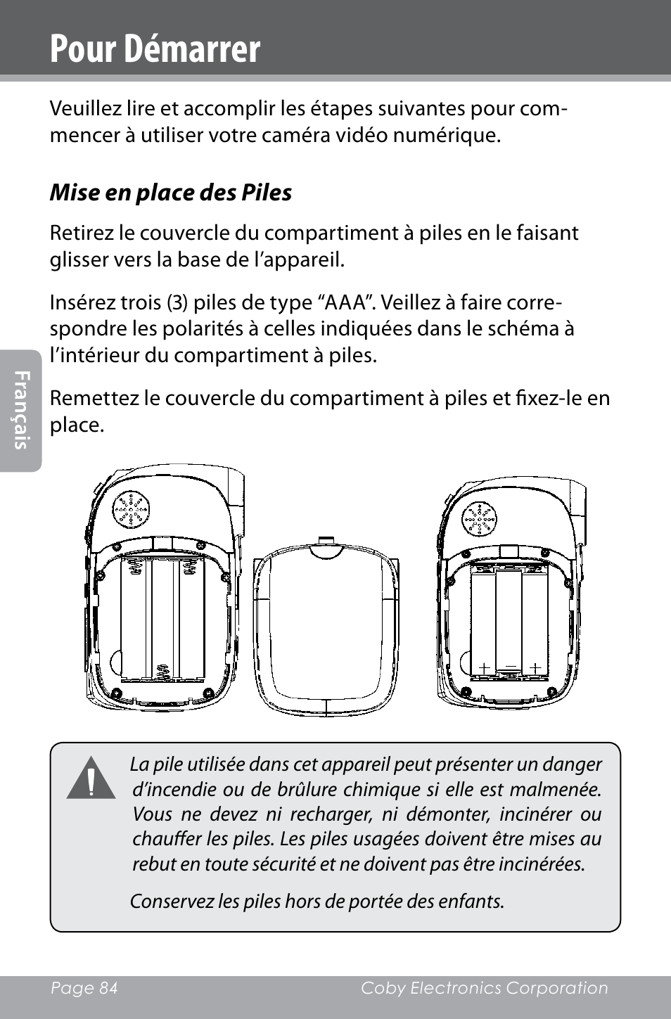 Pour démarrer | COBY electronic SNAPP CAM4000 User Manual | Page 84 / 120