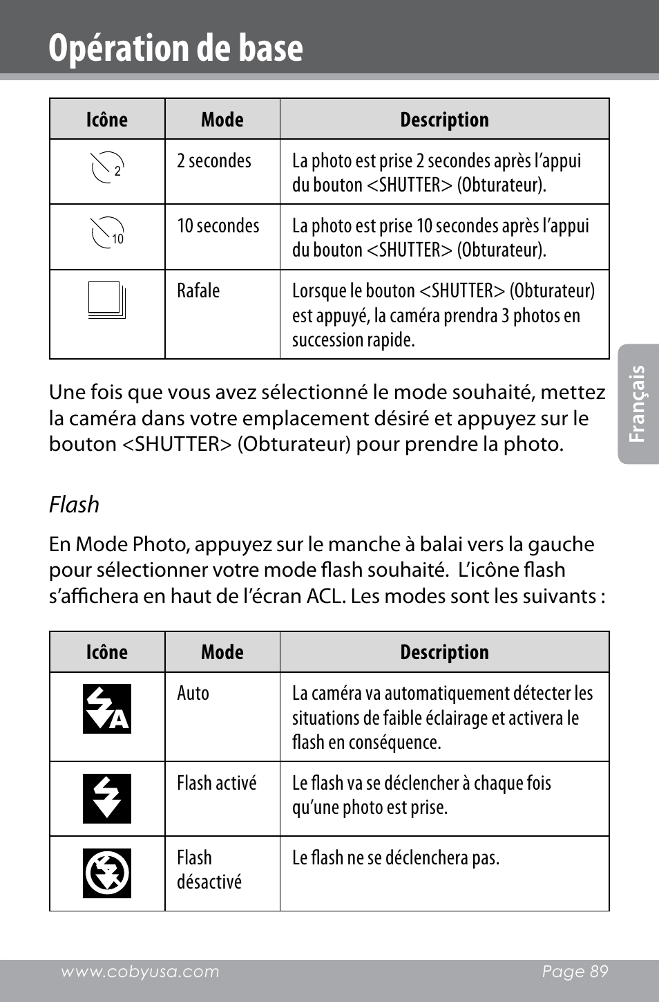 Opération de base | COBY electronic SNAPP CAM4000 User Manual | Page 89 / 120