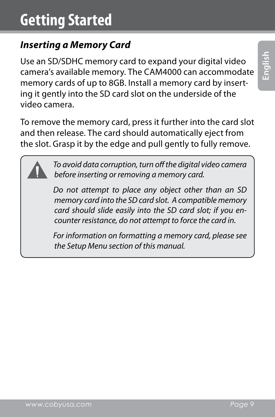 Getting started | COBY electronic SNAPP CAM4000 User Manual | Page 9 / 120