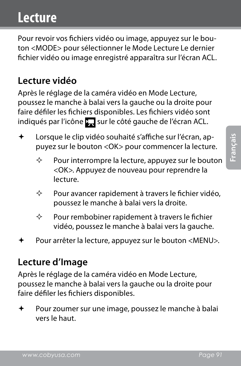 Lecture, Lecture vidéo, Lecture d’image | COBY electronic SNAPP CAM4000 User Manual | Page 91 / 120
