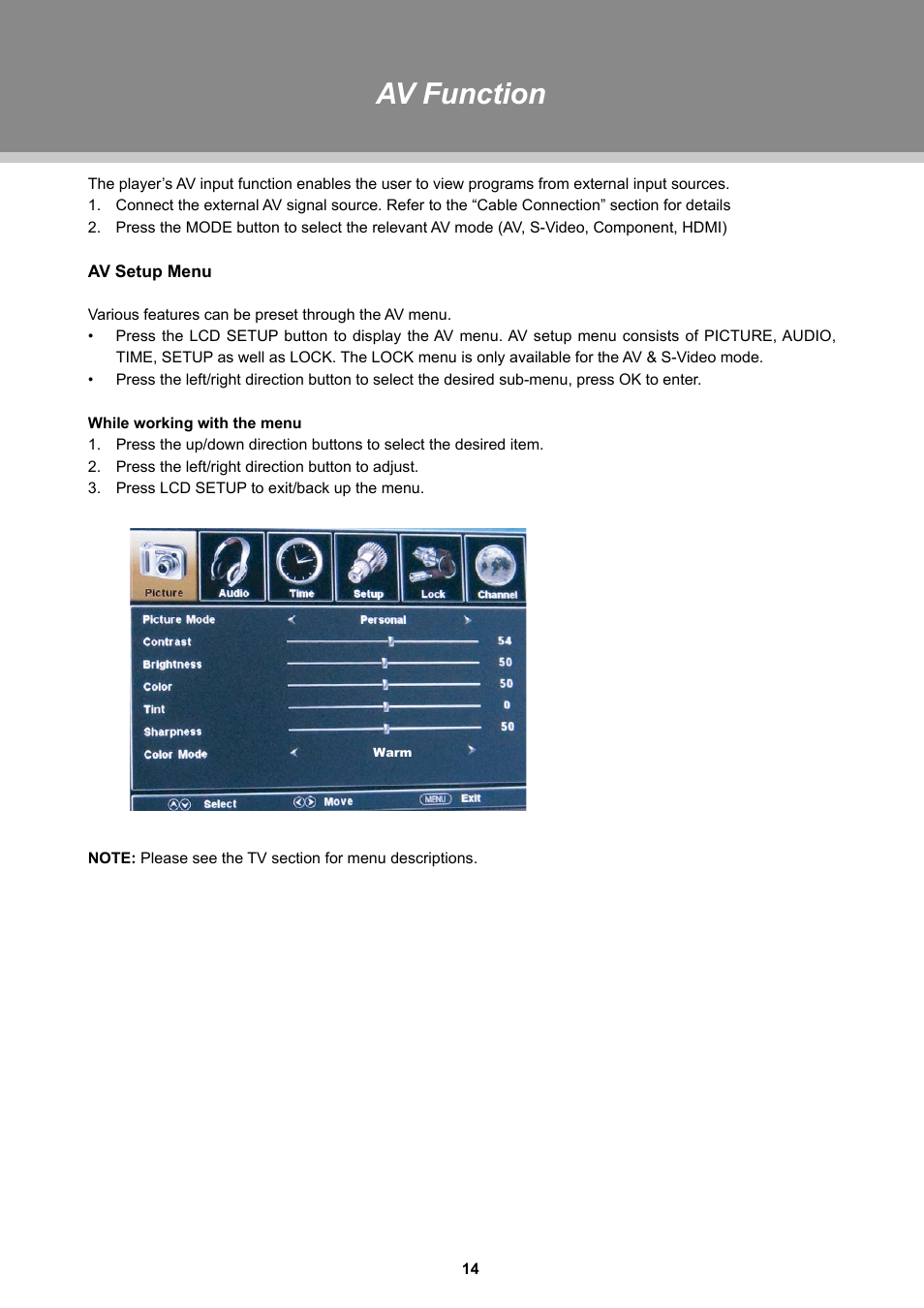 Av function | COBY electronic TFDVD2697 User Manual | Page 20 / 29