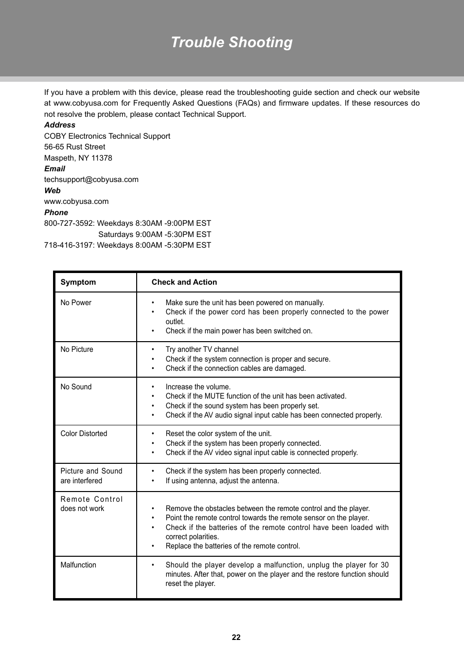 Trouble shooting | COBY electronic TFDVD2697 User Manual | Page 28 / 29