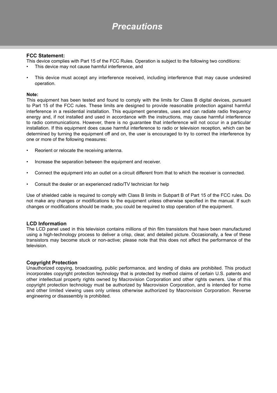 Precautions | COBY electronic TFDVD2697 User Manual | Page 3 / 29