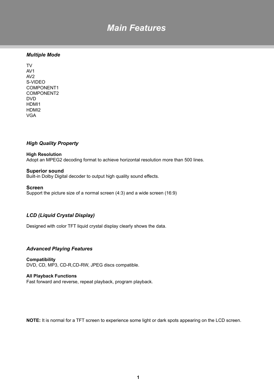 Main features | COBY electronic TFDVD2697 User Manual | Page 7 / 29