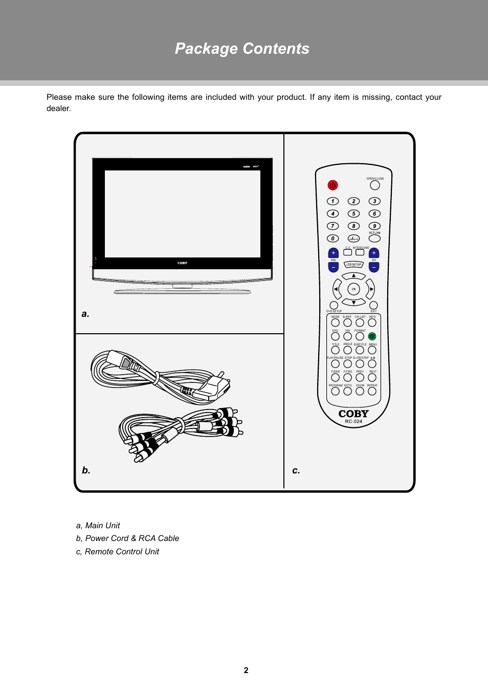 Package contents, A. b. c | COBY electronic TFDVD2697 User Manual | Page 8 / 29
