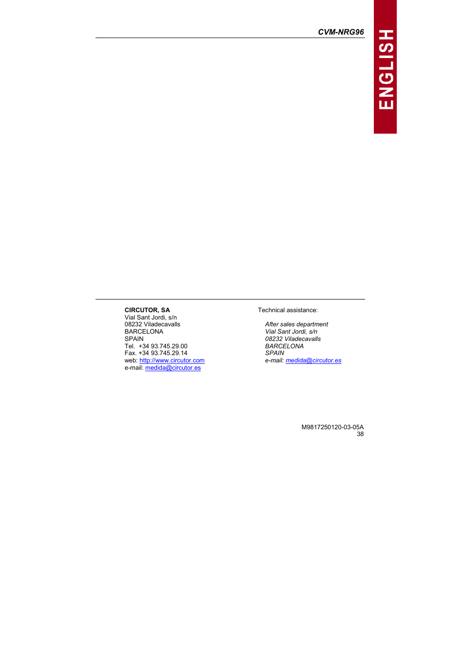 CIRCUTOR CVM-NRG96 Series (Available until stocks) User Manual | Page 38 / 38