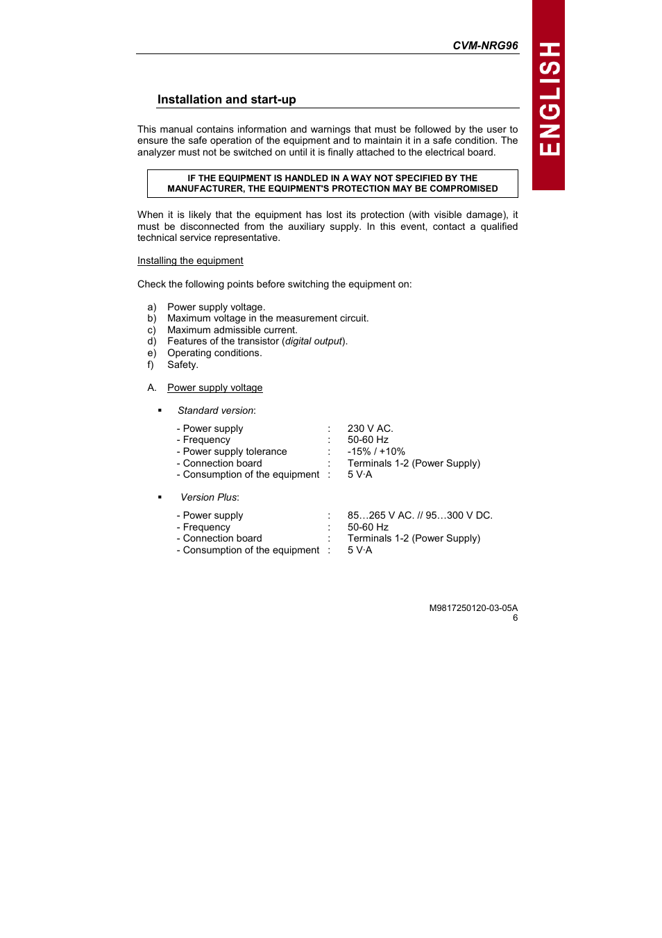 Installation and start-up | CIRCUTOR CVM-NRG96 Series (Available until stocks) User Manual | Page 6 / 38
