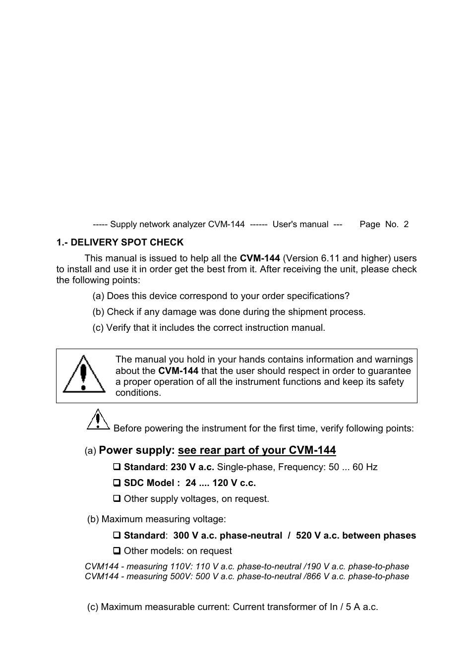 Power supply: see rear part of your cvm-144 | CIRCUTOR CVM144 Series User Manual | Page 3 / 58