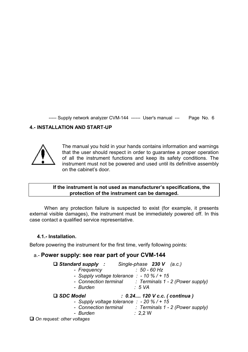 Power supply: see rear part of your cvm-144 | CIRCUTOR CVM144 Series User Manual | Page 7 / 58