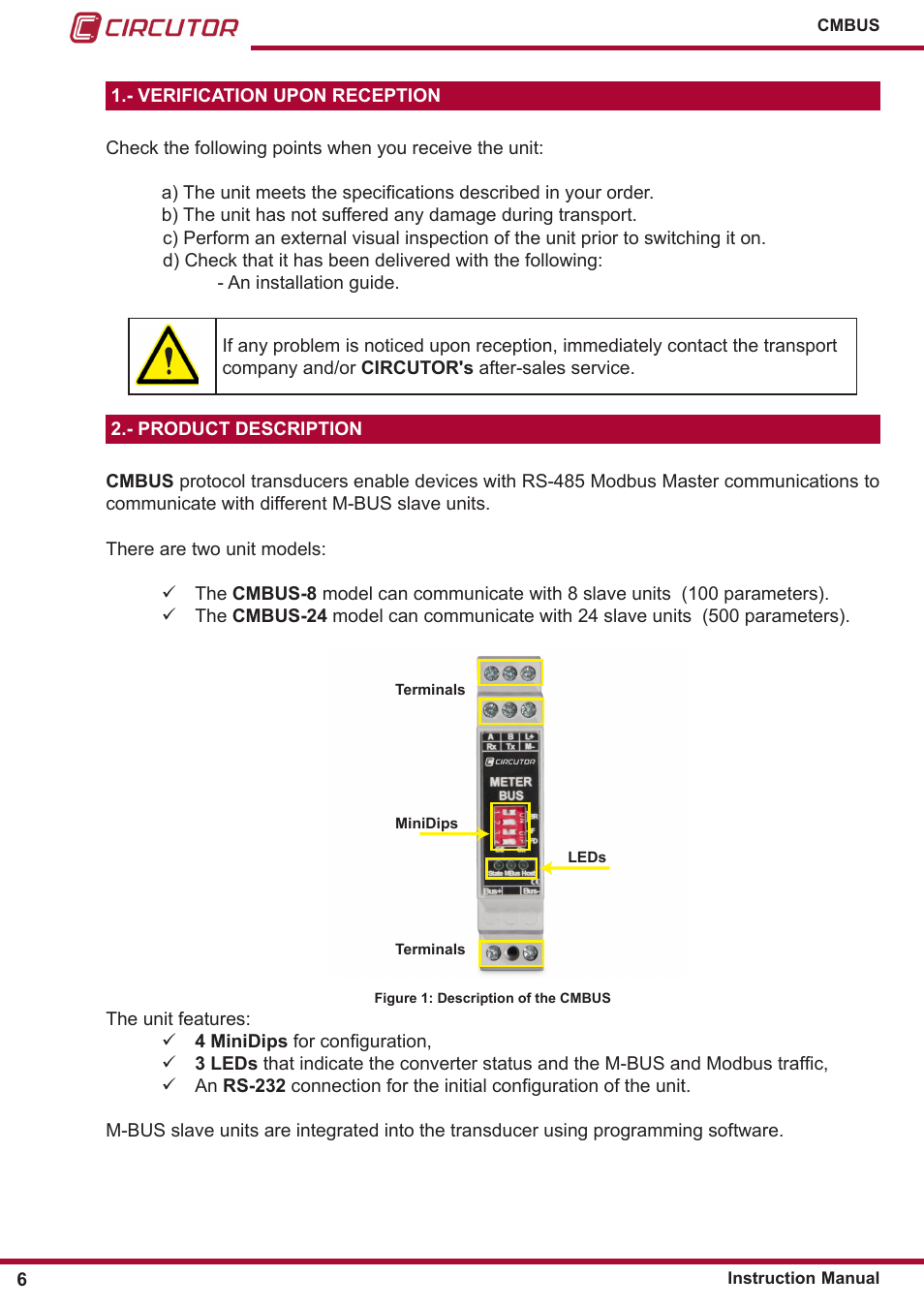 Verification upon reception, Product description | CIRCUTOR CMBUS series User Manual | Page 6 / 24