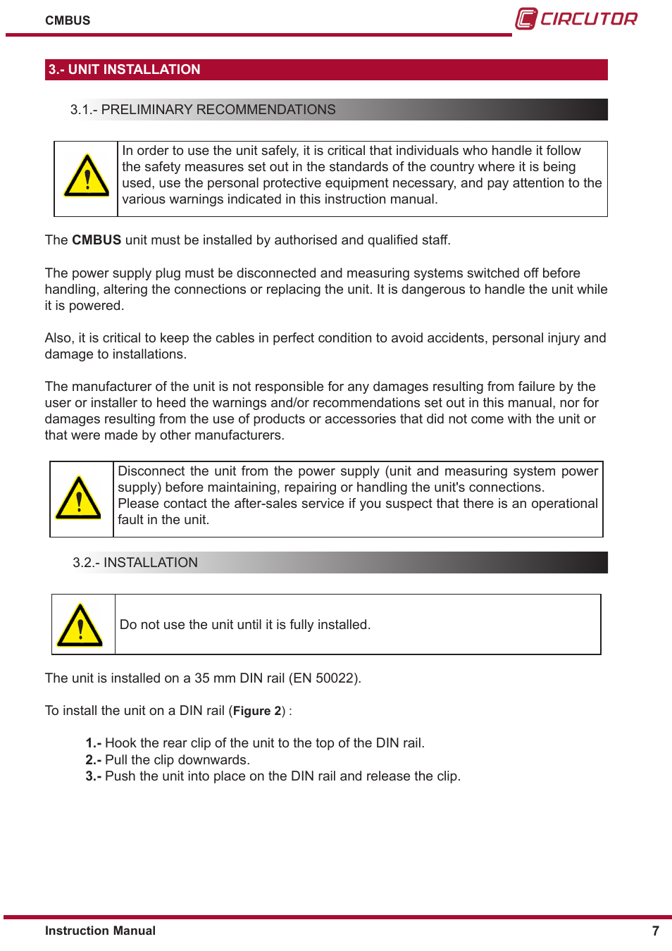 Unit installation, Preliminary recommendations, Installation | CIRCUTOR CMBUS series User Manual | Page 7 / 24