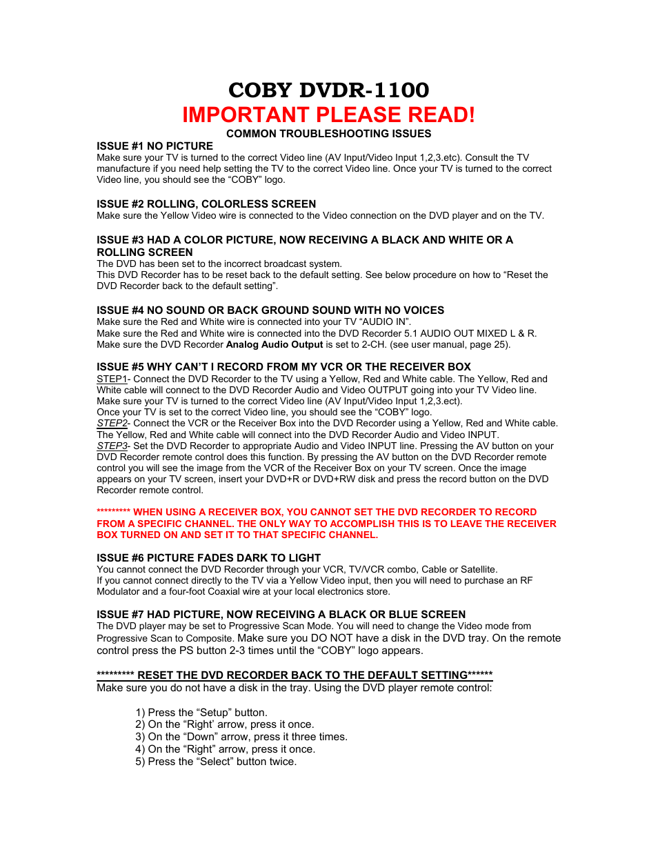 COBY electronic DVDR-1100 User Manual | 2 pages