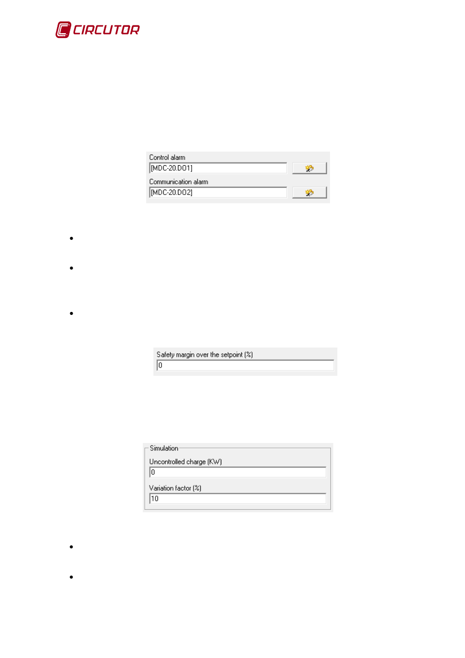 2 alarms, 3 safety margin over the setpoint (%), 4 simulation | Alarms, Safety margin over the setpoint (%), Simulation | CIRCUTOR MDC-20 User Manual | Page 32 / 58