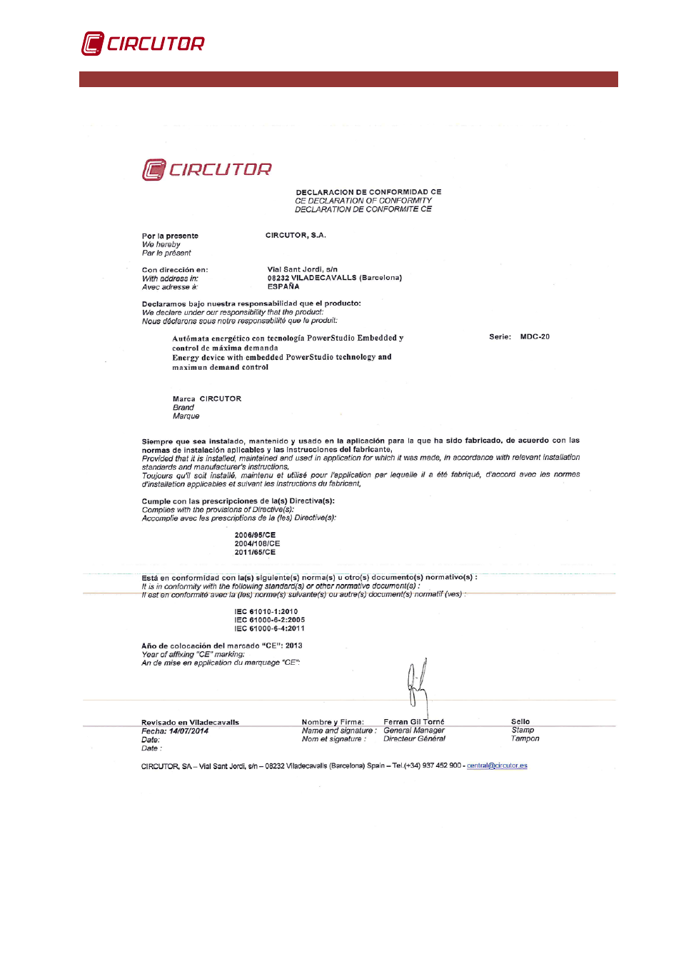 12 ce certification, Ce certification | CIRCUTOR MDC-20 User Manual | Page 58 / 58