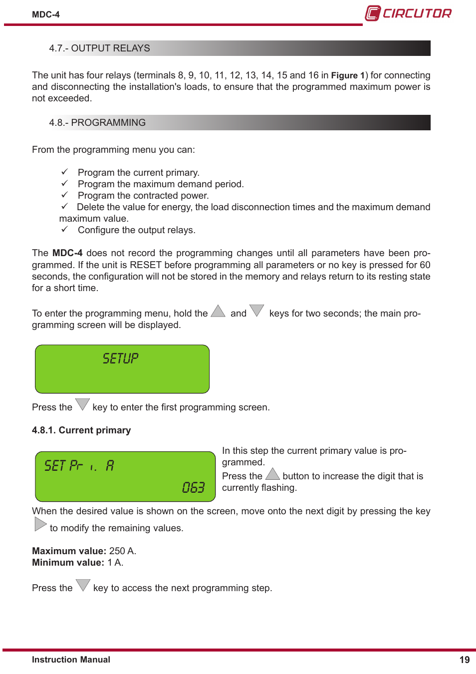 Current primary, Set p. a 063, Setup | CIRCUTOR MDC-4 User Manual | Page 19 / 30