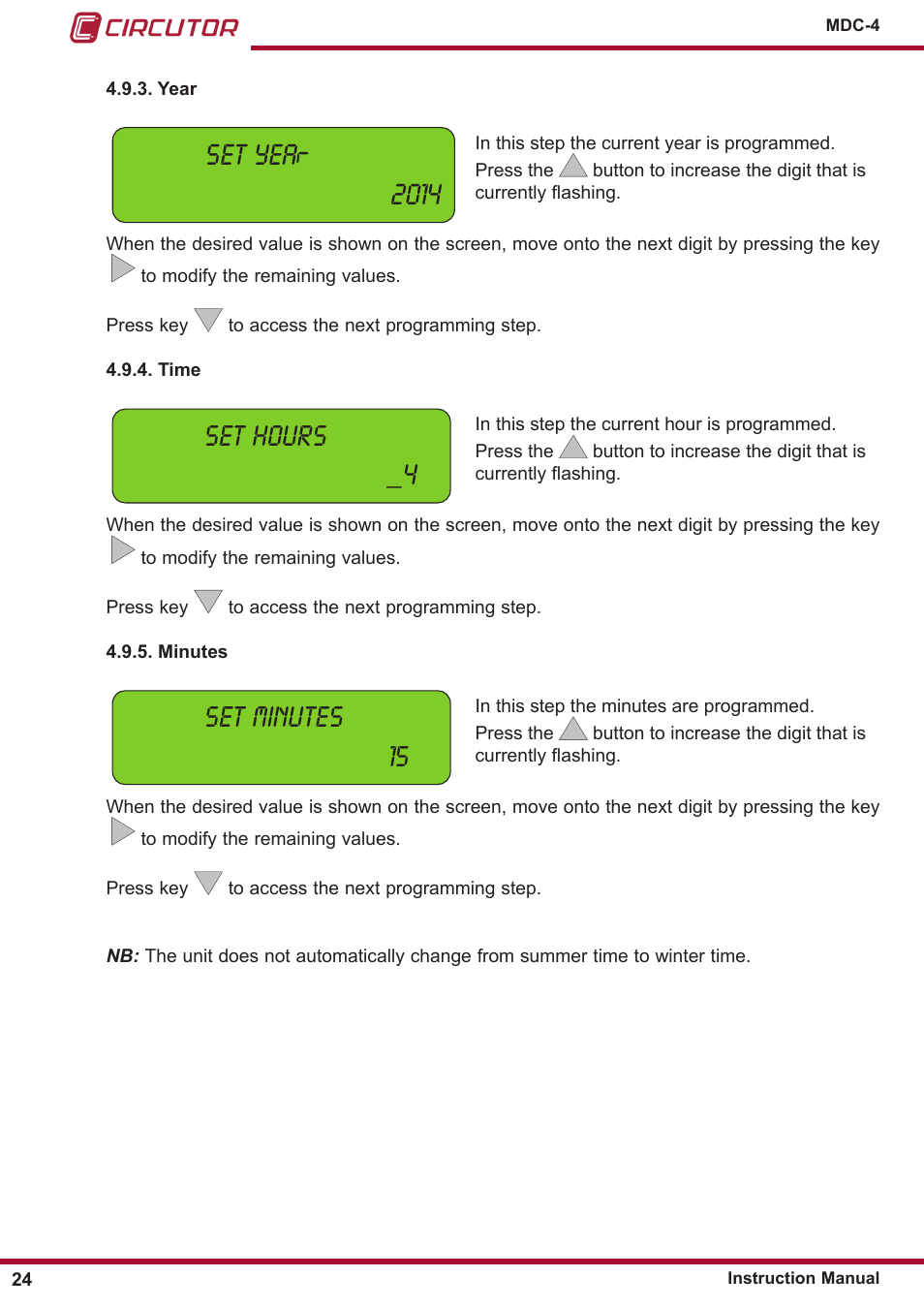 Year, Time, Minutes | Set yea 2014, Set hours _4, Set minutes 15 | CIRCUTOR MDC-4 User Manual | Page 24 / 30