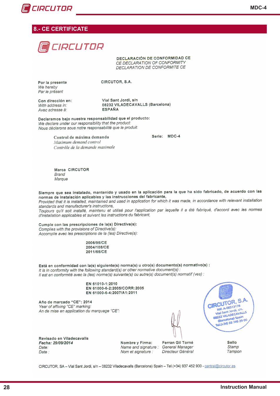 Ce certificate | CIRCUTOR MDC-4 User Manual | Page 28 / 30