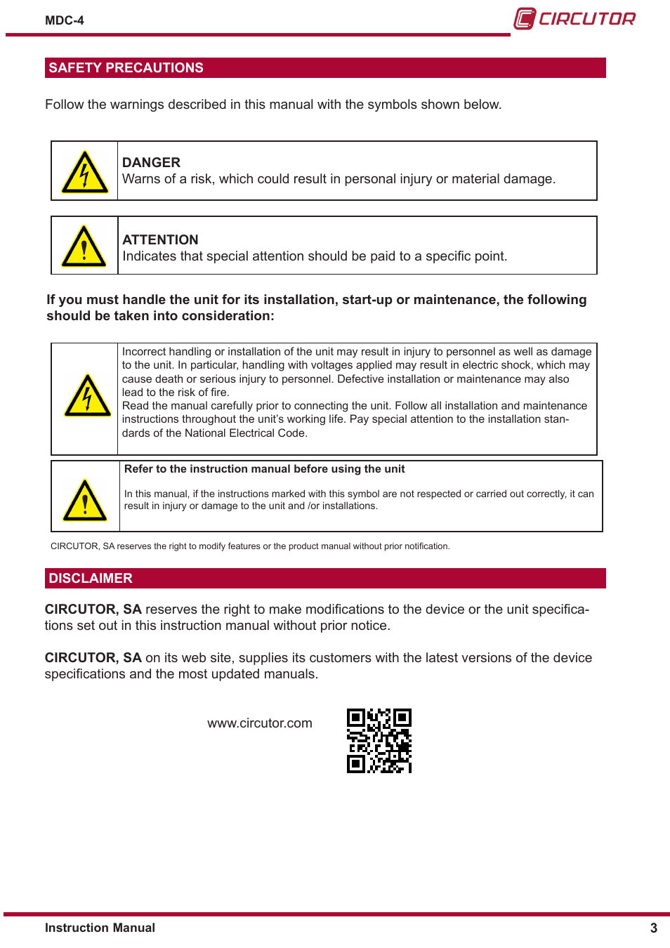 Safety precautions, Disclaimer | CIRCUTOR MDC-4 User Manual | Page 3 / 30