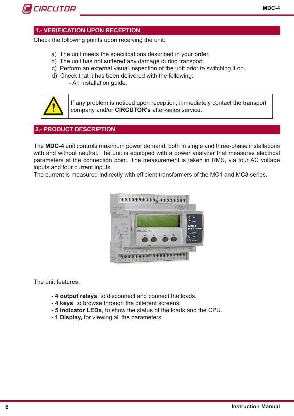 Verification upon reception, Product description | CIRCUTOR MDC-4 User Manual | Page 6 / 30
