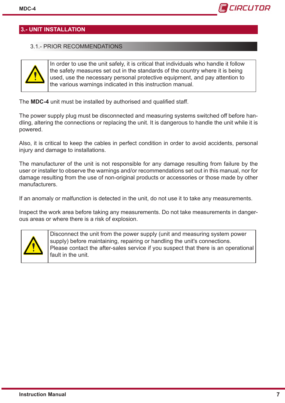 Unit installation, Prior recommendations | CIRCUTOR MDC-4 User Manual | Page 7 / 30