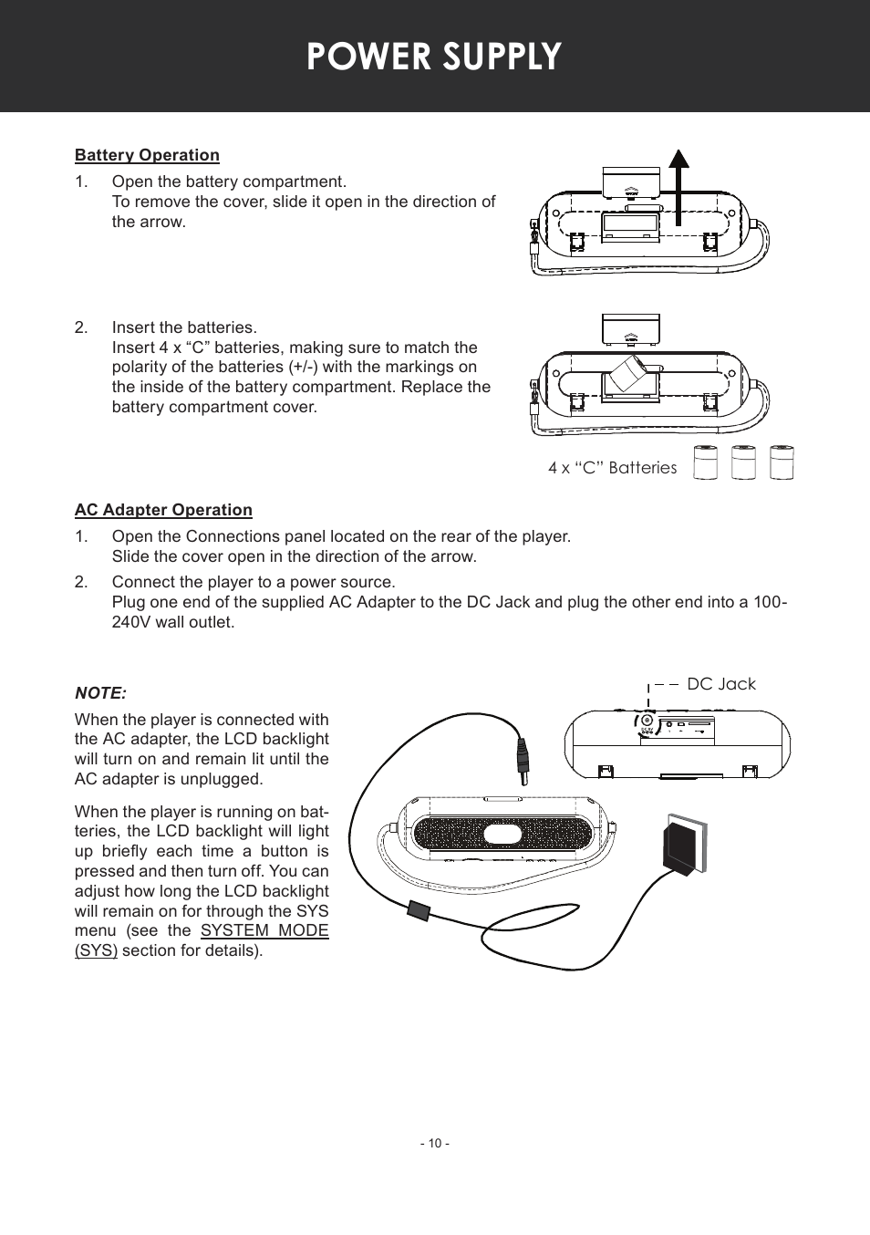 Power supply, Battery operation, Ac adapter operation | COBY electronic MP-C351 User Manual | Page 10 / 32