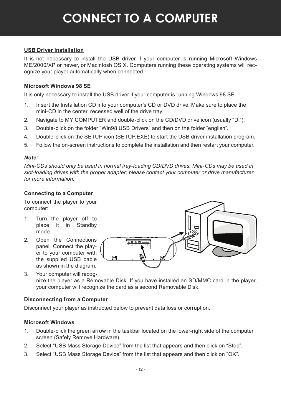 Connect to a computer, Usb driver installation, Microsoft windows 98 se | Connecting to a computer, Disconnecting from a computer, Microsoft windows | COBY electronic MP-C351 User Manual | Page 12 / 32