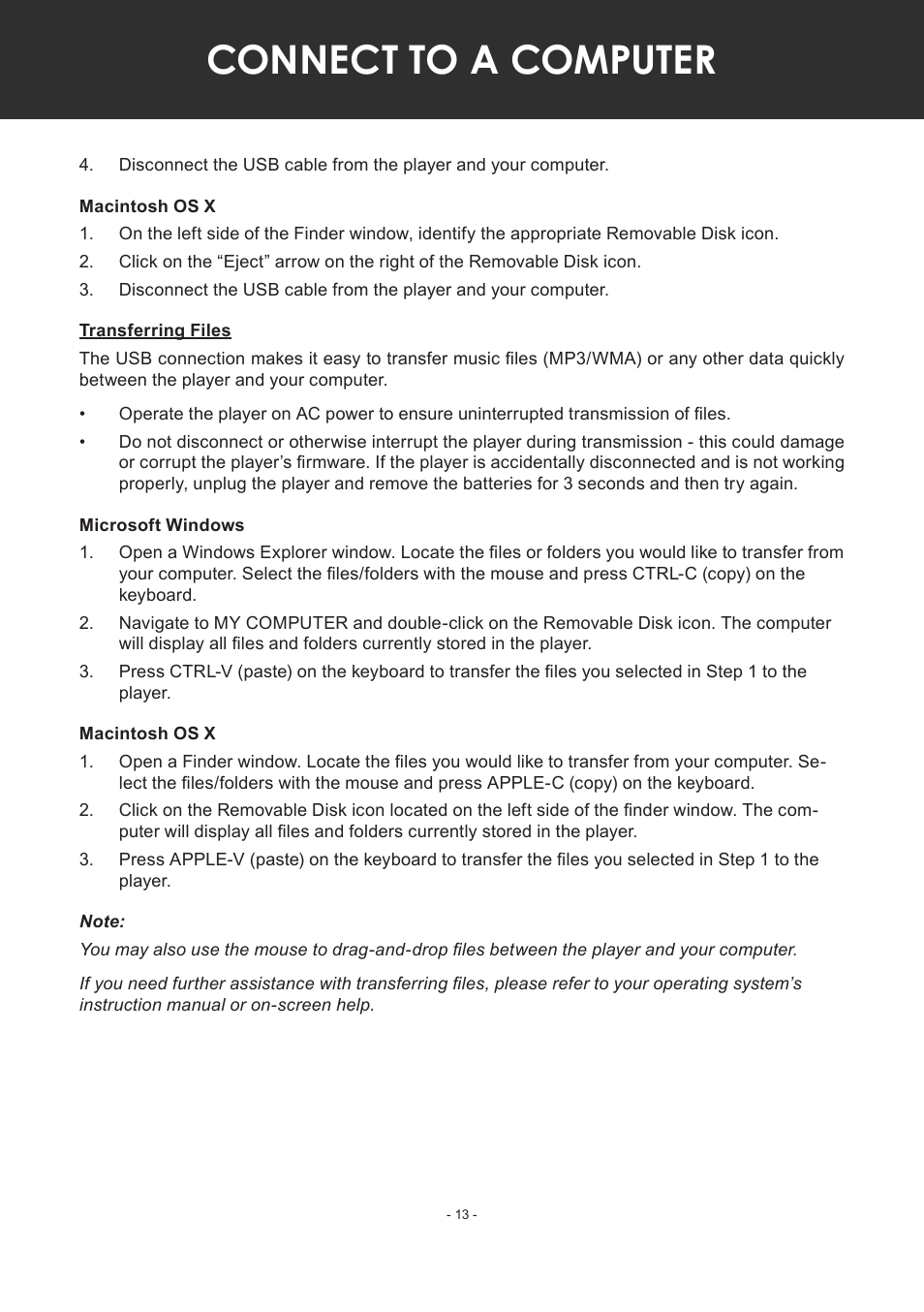 Macintosh os x, Transferring files, Microsoft windows | Connect to a computer | COBY electronic MP-C351 User Manual | Page 13 / 32