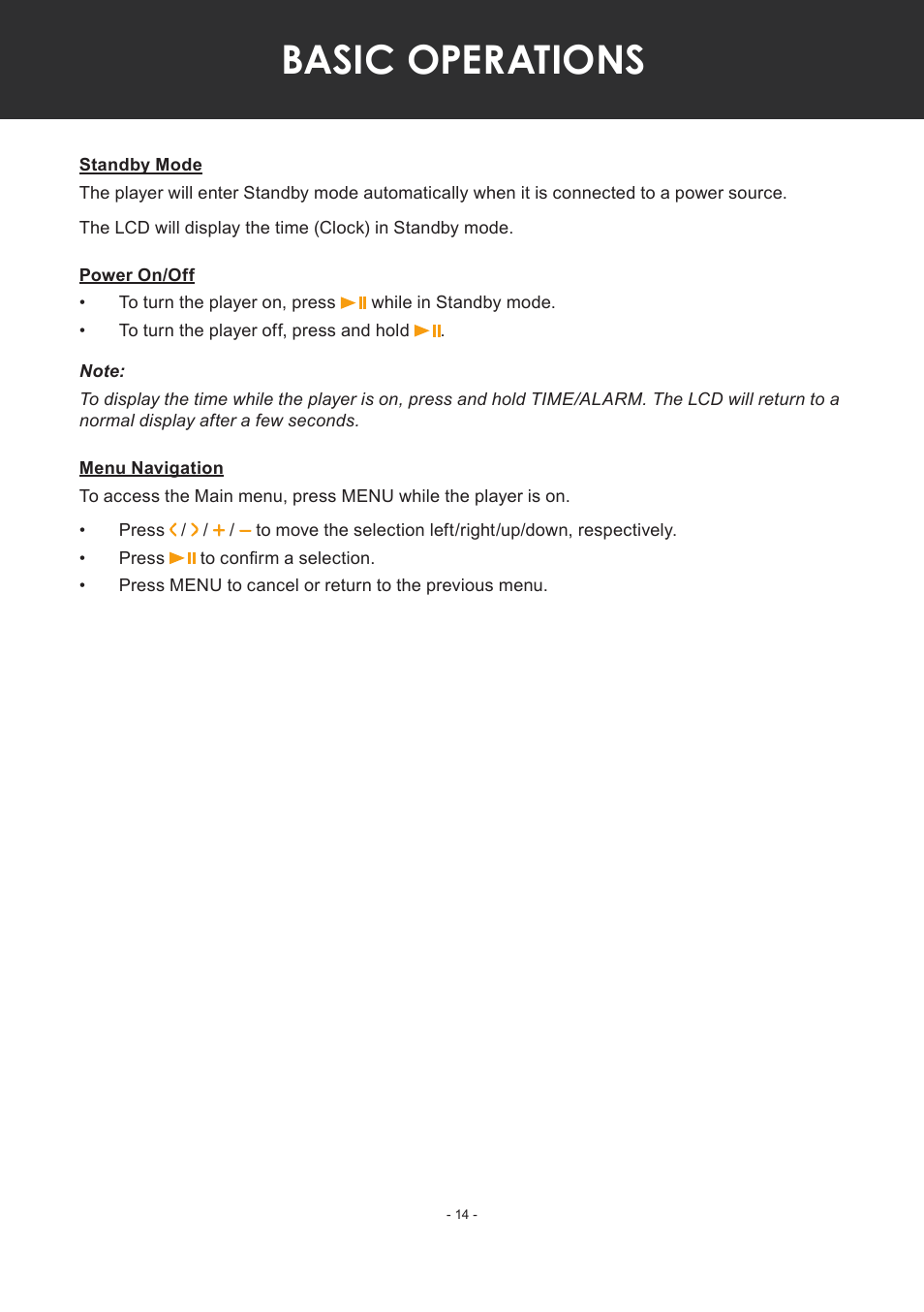 Basic operations, Standby mode, Power on/off | Menu navigation | COBY electronic MP-C351 User Manual | Page 14 / 32